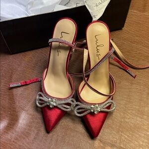 Lulu's Elegant Red Satin Heels with Sparkling Bow